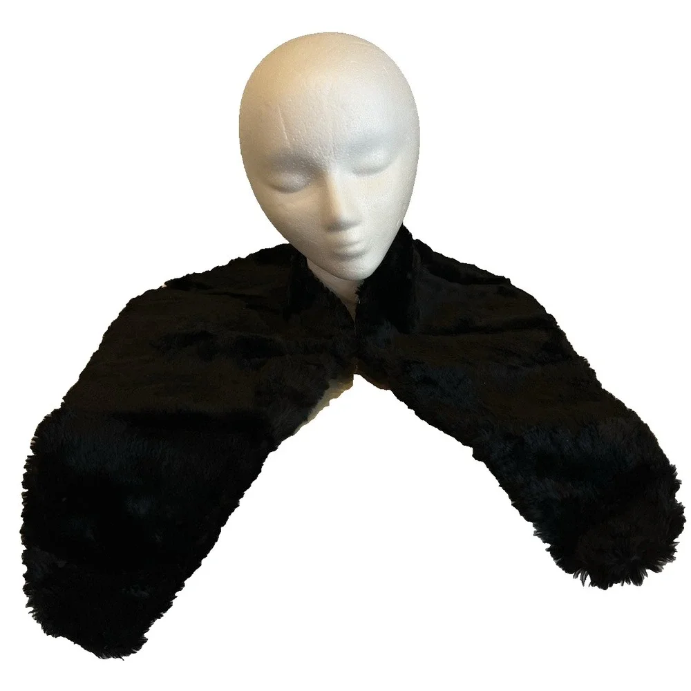 Vintage Fur Scarf Collar Shawl Wrap Black Plush w/ Ruching & Hook/Eye Closures